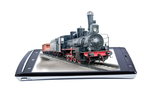 Locomotief op weergave smartphone. Collage — Stockfoto