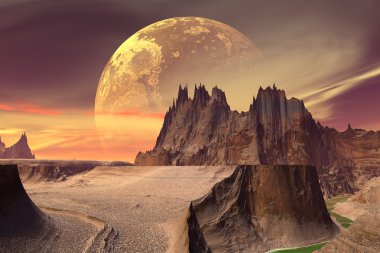 Fantezi uzaylı gezegenine. Kayalar ve gökyüzü 