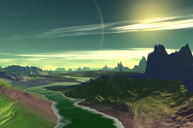 Yabancı gezegen. Göl, kayalar ve ay