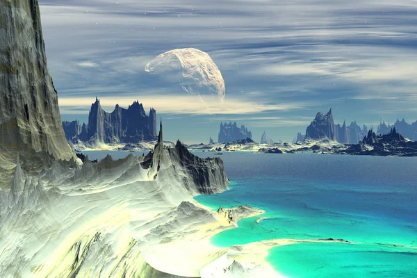 Alien Planet. Lake, rocks and moon — Stock Photo, Image