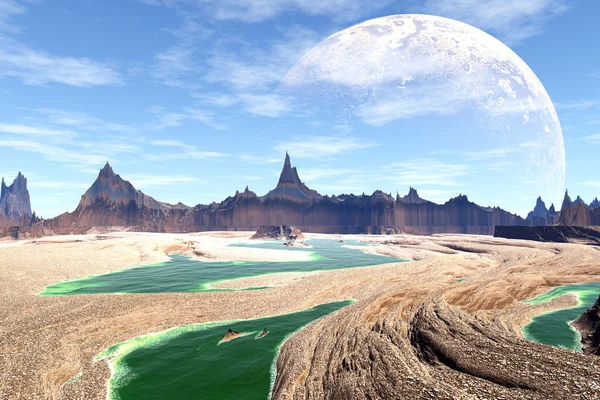 Främmande Planet. Sjön, klippor och månen — Stockfoto
