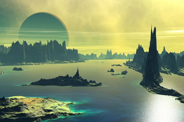 Planeta Extraterrestre. Lago, rocas y luna —  Fotos de Stock