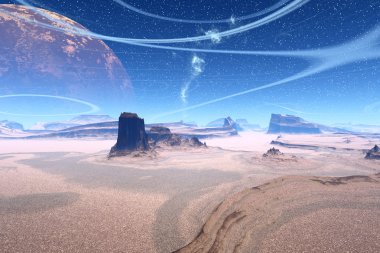 Fantezi uzaylı gezegenine. Kayalar ve gökyüzü 