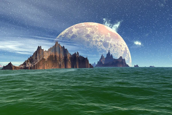 Alien Planet. Lake, rocks and moon — Stock Photo, Image