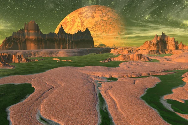Планета пришельцев. Озеро, камни и луна — стоковое фото