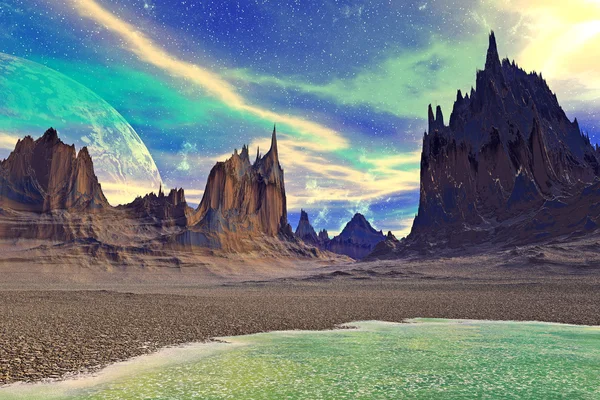 Фантазия инопланетной планеты. Скалы и озеро — стоковое фото