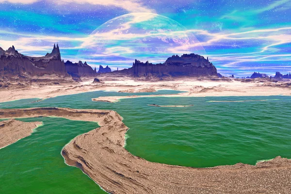 Fantasy alien planet. Rocks and lake — Stock Photo, Image