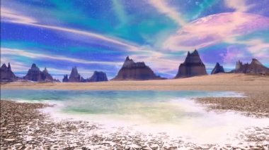 Fantezi uzaylı gezegenine. Kayalar ve göl