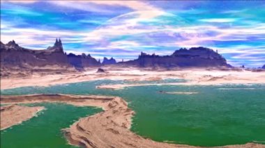 Fantezi uzaylı gezegenine. Kayalar ve göl