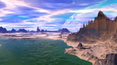 Fantezi uzaylı gezegenine. Kayalar ve göl