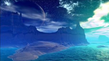 Fantezi uzaylı gezegenine. Kayalar ve göl