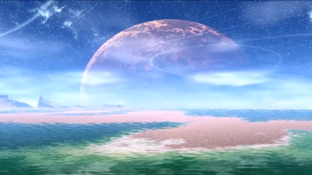 Фантазия инопланетной планеты. Скалы и озеро — стоковое видео