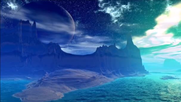 Фантазия инопланетной планеты. Скалы и озеро — стоковое видео