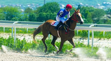PYATIGORSK, RUSSIA - Mayıs 16.2021: Pyatigorsk Hippodromu İp Ödülü için at yarışını bitirin..