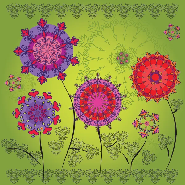 Flores de mandala de colores sobre un fondo verde — Archivo Imágenes Vectoriales