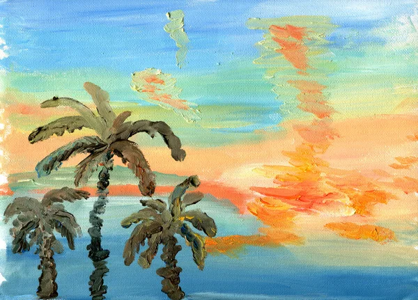 Palm trees against a bright sunset sky. Sketch of oil. — Stock Photo, Image