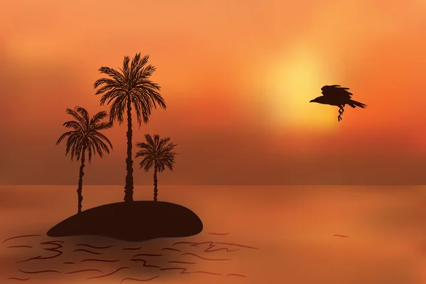 Tropisk ö med palmer i solnedgången. Fågelvägen resten. — Stock vektor