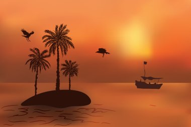 Gün batımında palmiye ağaçları ile tropik ada. Balıkçı teknesi 
