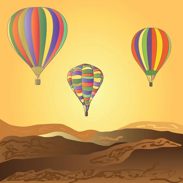 Los globos vuelan sobre el desierto. Puesta de sol . — Vector de stock