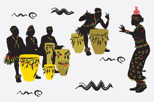 Músicos africanos bailan y tocan la batería . — Vector de stock