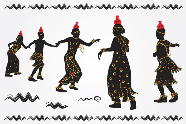 Mujeres y hombres africanos bailan danza folclórica . — Vector de stock