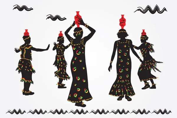 Mujeres y hombres africanos bailan danza folclórica . — Vector de stock