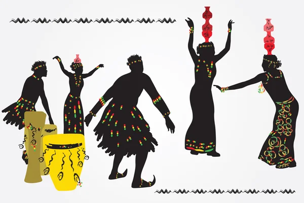 African folk dance. Young men and women dancing and playing the — Stock Vector