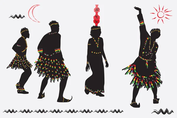 Danse folklorique africaine. Jeunes hommes et jeunes femmes dansant contre le dos — Image vectorielle