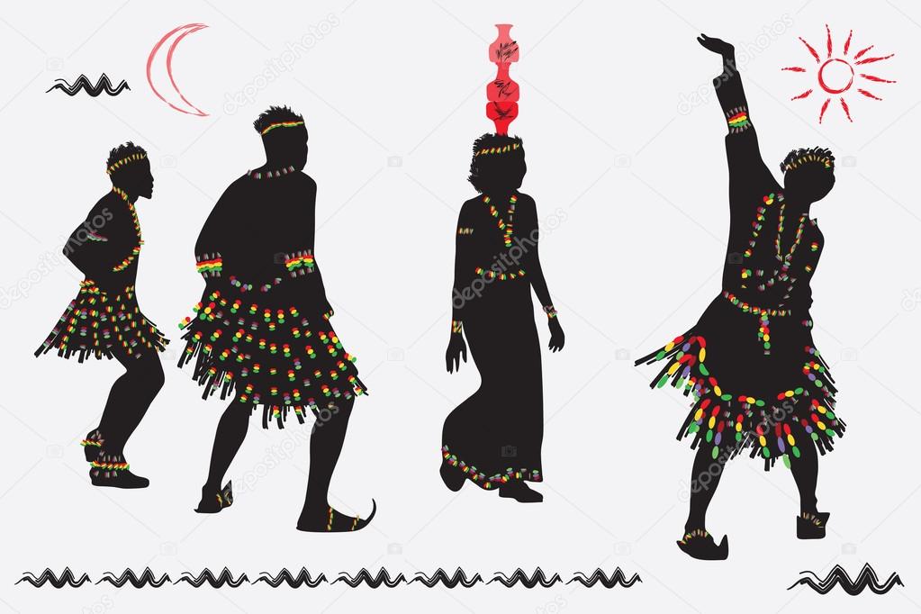 African folk dance. Young men and women dancing against the back