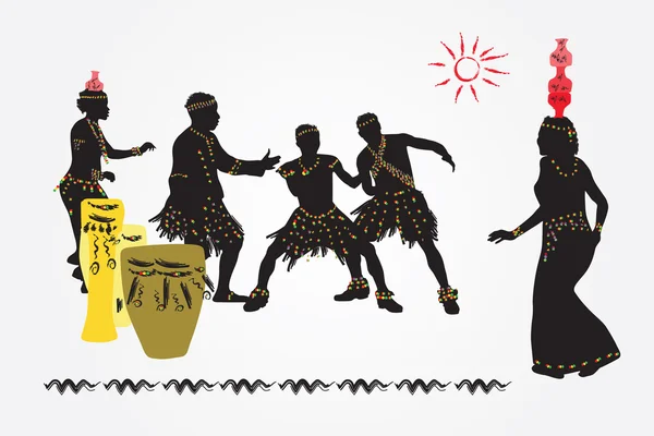 African folk dance. Women with jars on their heads and men danci — Stock Vector