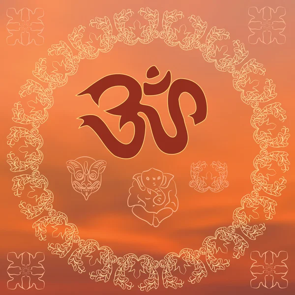 Om y otros símbolos hindúes sobre un fondo naranja . — Vector de stock