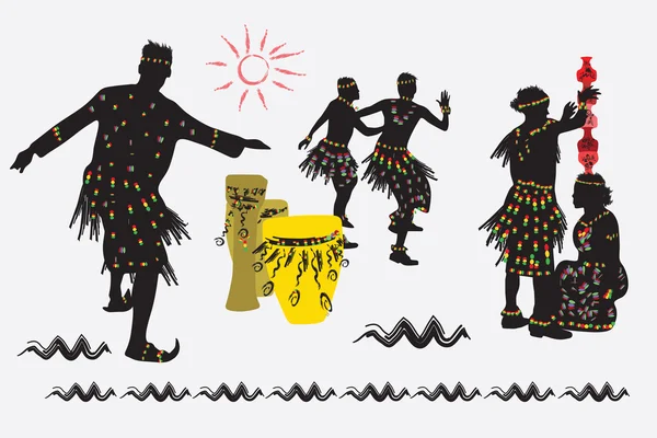 Danse folklorique africaine. Hommes et femmes dansent. Un homme met un pot sur le — Image vectorielle