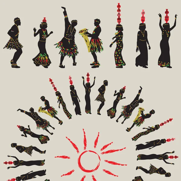 Africký národní tanec. Ženy s kelímky na jejich hlavy a muži Tan — Stockový vektor