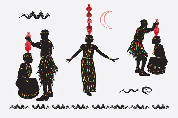 Danza folclórica africana. Mujer bailando con jarras en la cabeza. Hombres — Vector de stock