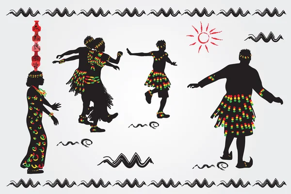 Danza folclórica africana. Un conjunto de siluetas de gente bailando. EPS 10 . — Vector de stock