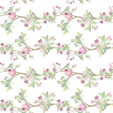 Pembe sakura çiçekleri ve tasarım elementleriyle zarif, pürüzsüz bir desen. Davetiyeler, kartlar, baskı, hediye paketi, imalat, tekstil, kumaş, duvar kağıtları için çiçek deseni