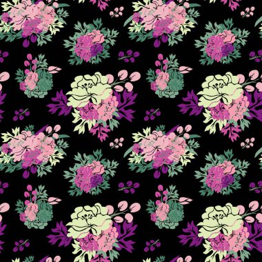 Şakayık çiçekleri ve tasarım elementleri olan zarif, pürüzsüz bir desen. Davetiyeler, kartlar, baskı, hediye paketi, imalat, tekstil, kumaş, duvar kağıtları için çiçek deseni