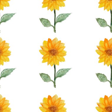 Suluboya ayçiçekleri ve tasarım elementleriyle zarif, pürüzsüz bir desen. Davetiyeler için çiçek deseni, tebrik kartları, hatıra defteri, baskı, hediye paketi, imalat, tekstil. 