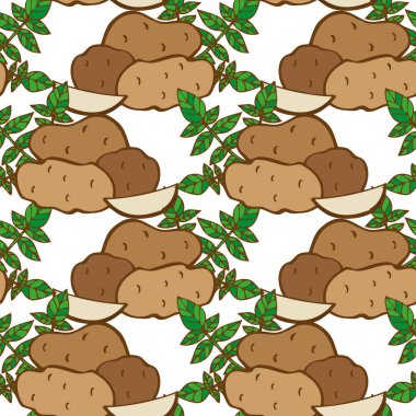 Patatesli ve tasarım elementli zarif, pürüzsüz desen. Davetiyeler için sebze deseni, kartlar, baskı, hediye paketi, imalat, tekstil, kumaş, duvar kağıtları. Yemek, mutfak, vejetaryen teması