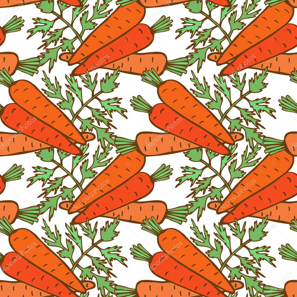 Elegant seamless pattern with carrots, design elements. Vegetable pattern for invitations, cards, print, gift wrap, manufacturing, textile, fabric, wallpapers. Food, kitchen, vegetarian theme