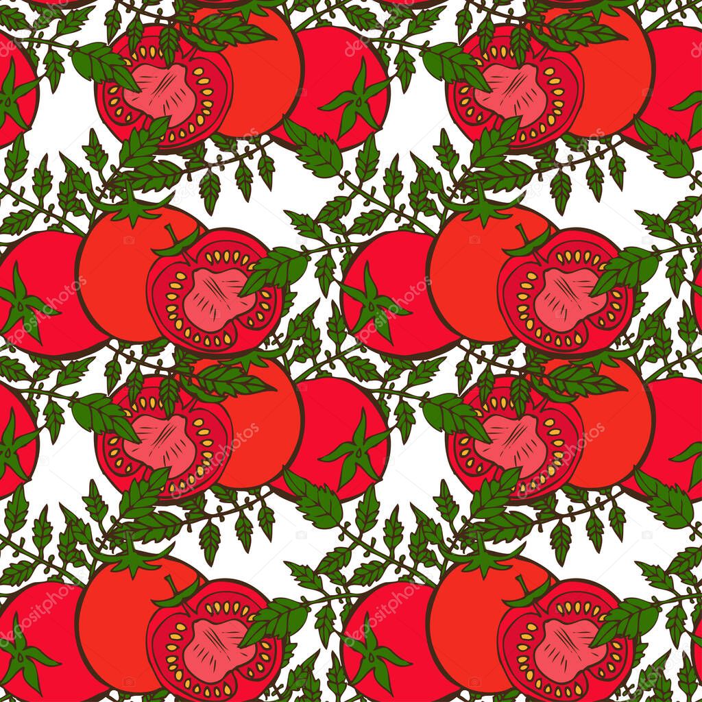 Elegant seamless pattern with tomatoes, design elements. Vegetable pattern for invitations, cards, print, gift wrap, manufacturing, textile, fabric, wallpapers. Food, kitchen, vegetarian theme