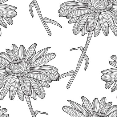 Papatya çiçekleri ve tasarım elementleriyle zarif, pürüzsüz bir desen. Davetiyeler, kartlar, baskı, hediye paketi, imalat, tekstil, kumaş, duvar kağıtları için çiçek deseni