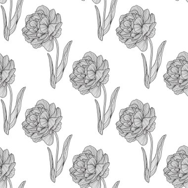 Lale çiçekleri ve tasarım elementleriyle zarif, pürüzsüz bir desen. Davetiyeler, kartlar, baskı, hediye paketi, imalat, tekstil, kumaş, duvar kağıtları için çiçek deseni