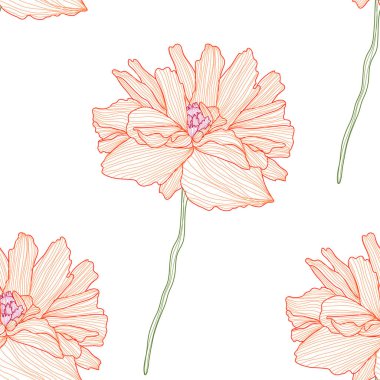 Haşhaş çiçekleri ve tasarım elementleriyle zarif, pürüzsüz bir desen. Davetiyeler, kartlar, baskı, hediye paketi, imalat, tekstil, kumaş, duvar kağıtları için çiçek deseni