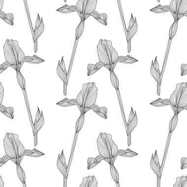 Süsen çiçekleri ve tasarım elementleriyle zarif, pürüzsüz bir desen. Davetiyeler, kartlar, baskı, hediye paketi, imalat, tekstil, kumaş, duvar kağıtları için çiçek deseni