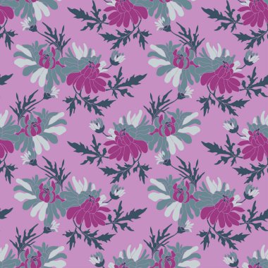 Kasımpatı çiçekleri ve tasarım elementleriyle zarif, pürüzsüz bir desen. Davetiyeler, kartlar, baskı, hediye paketi, imalat, tekstil, kumaş, duvar kağıtları için çiçek deseni