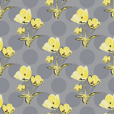 Lale çiçekleri ve tasarım elementleriyle zarif, pürüzsüz bir desen. Davetiyeler, kartlar, baskı, hediye paketi, imalat, tekstil, kumaş, duvar kağıtları için çiçek deseni