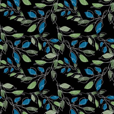 Yaprakları ve tasarım elementleri olan zarif, pürüzsüz bir desen. Davetiyeler için çiçek deseni, kartlar, baskı, hediye paketi, imalat, tekstil, kumaş, duvar kağıtları. Aralıksız çizgi sanatı