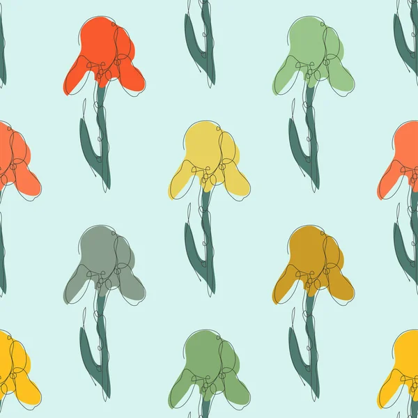 アイリスの花 デザイン要素とエレガントなシームレスパターン 招待状 カード ギフトラップ ファブリック 壁紙のための花のパターン 連続線画形式 — ストックベクタ
