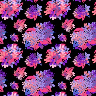 Leylak çiçekleri ve tasarım elementleriyle zarif, pürüzsüz bir desen. Davetiyeler, kartlar, baskı, hediye paketi, imalat, tekstil, kumaş, duvar kağıtları için çiçek deseni